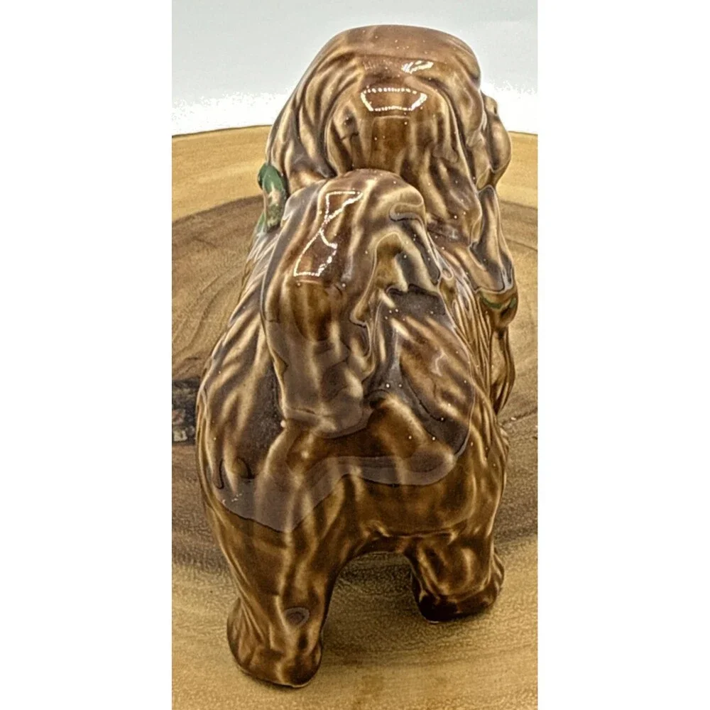 Vintage Porcelain Pekingese Figurine Pekingese Brown Dog W/Green Bow 3.5